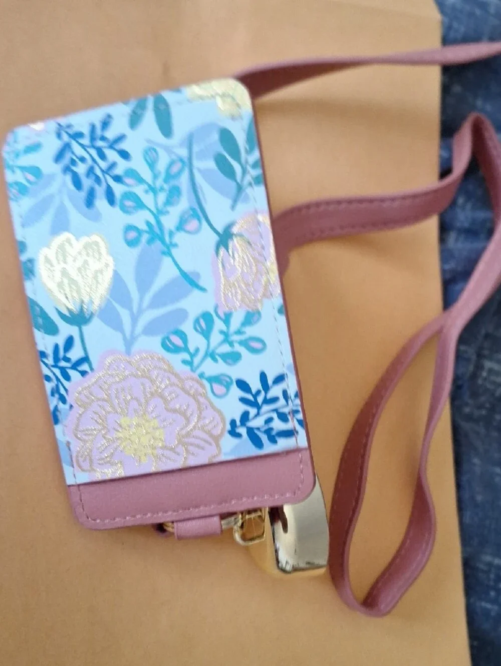 Pink Floral Lanyard ID Holder with Gold Badge Reel Ans Hand Santizer Holder
